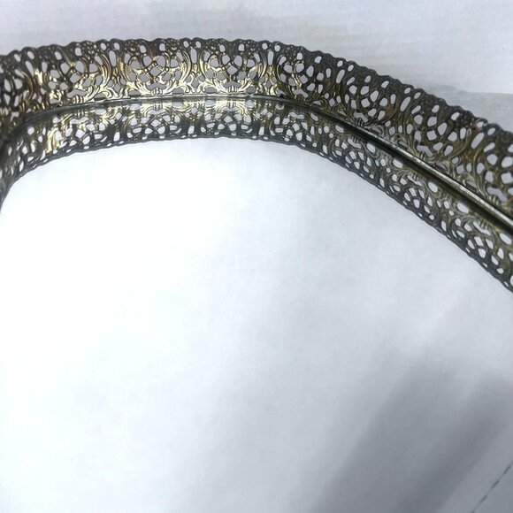 Vtg Oval Mirrored Vanity Tray Gold-tone Ornate Filigree Hollywood Regency 12X8" - Picture 3 of 15